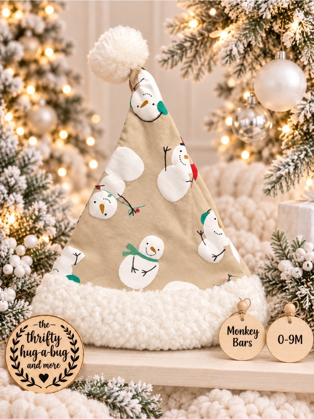Monkey Bars Baby Christmas Santa Hat 0–9M Beige Snowman White Pom Pom